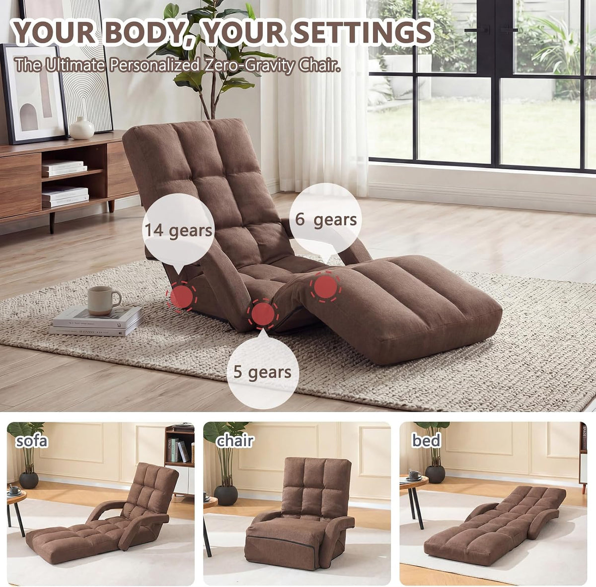 Adjustable Floor Chair with Footrest, 14-Position Chaise Lounge - Image 3