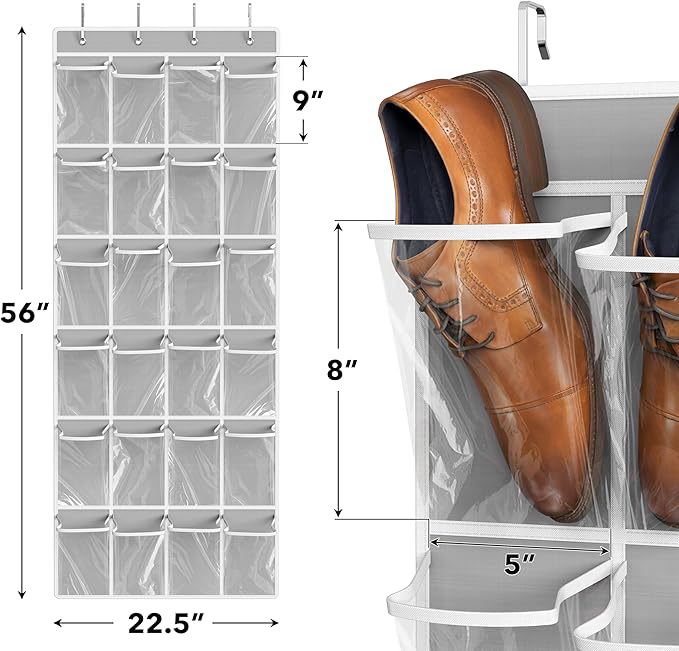 Simple Houseware 24 Pockets Large Clear Over the Door Shoe Organizer, Gray | 56" x 22.5", 4 Durable Metal Hooks, 5" x 9" Pocket Size, Multipurpose - Image 2