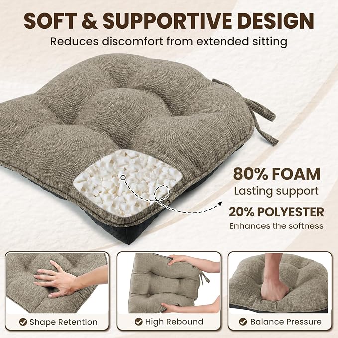 downluxe Indoor Chair Cushions for Dining Chairs, Tufted Overstuffed Textured Memory Foam Kitchen Chair Pads with Ties and Non-Slip Backing, 15.5" x 15.5" x 4", Khaki, 4 Pack - Image 3