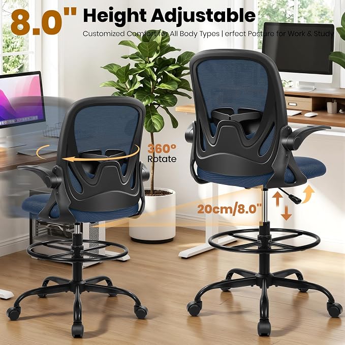 Drafting Chair Tall Office Chair with Flip-up Armrests Executive Ergonomic Computer Standing Desk Chair with Lumbar Support and Adjustable Footrest Ring (Navy) - Image 7