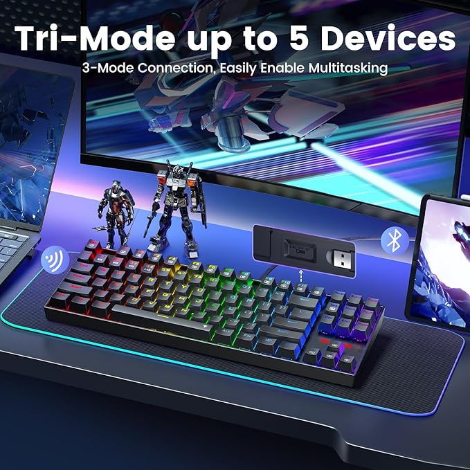 Redragon Wireless Gaming Keyboard, BT/2.4Ghz Tri-Mode Mechanical Keyboard, buit-in Battery, Programmable 87 Keys TKL, LED Rainbow Backlit - K552-KRS - Image 3