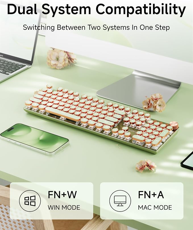 EWEADN V20 Typewriter Keyboard Wireless, 104 Keys Typewriter Style Mechanical with White Backlit, Media Knob, Pink Switch 2.4G/Bluetooth/USB-A Wired Retro Full Size Keyboard for Windows/Mac/PC-Green - Image 4