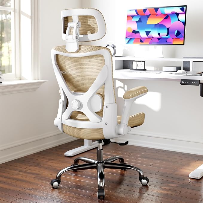 Ergonomic Office Chair:Home Office Desk Chairs with Headrest Lumbar Support | Ergalithic Ergonomic Desk Chair X-Shaped Mesh PU Leather Executive Computer Chair High Back Flip-Up Arms for Long Hour(Khaki) - Image 2