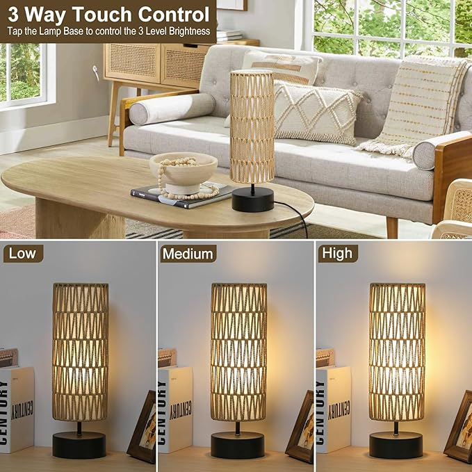 Rattan Table Lamp, Touch Control Bedside Table Lamp with Black Base, 3 Way Dimmable Nightstand Lamp with Dual-layer Shade, Boho Night Light for Bedroom Living Room Home Office, 9W LED Bulb Included - Image 3