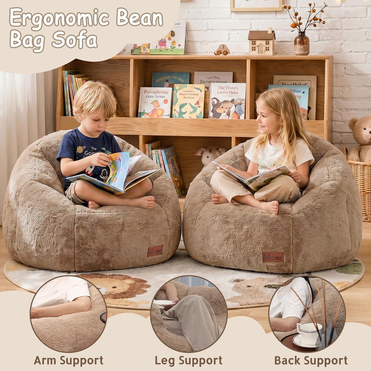 Bean Bag Chair for Kids, Cozy Fluffy Beanbag Chairs with Filler for Teens and Kids, Floor Lazy Sofa for Living Room, Gaming & Reading(S-Brown) - Image 3