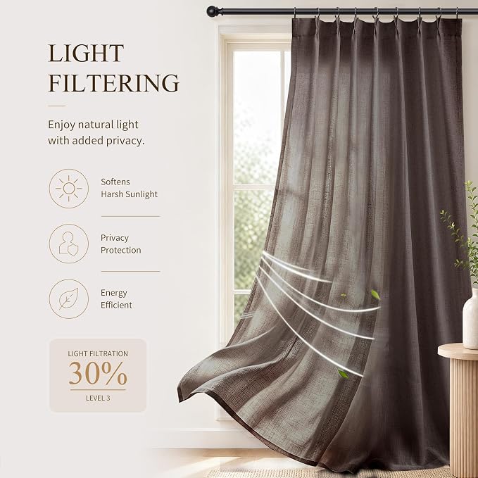 Hokibero Coffee Pinch Pleated Linen Curtains 90 Inch Long for Living Room | Brown Light Filtering Sheer Curtain,Pinch Pleat Back Tab Hooks Rings,Boho Textured Privacy Drapes for Bedroom Window,2 Panels - Image 6