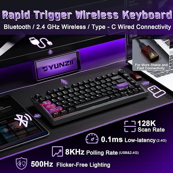 YUNZII RT75 PRO Dual 8K Wireless Gaming Keyboard (Black,Red Switch) | Hall Effect Magnetic Switches & 128KHz Scan Rate,BT/USB-C/2.4G, RGB, Hot-Swappable, CustomizableTGL/SOCD/DKS/MT for Gamers - Image 3