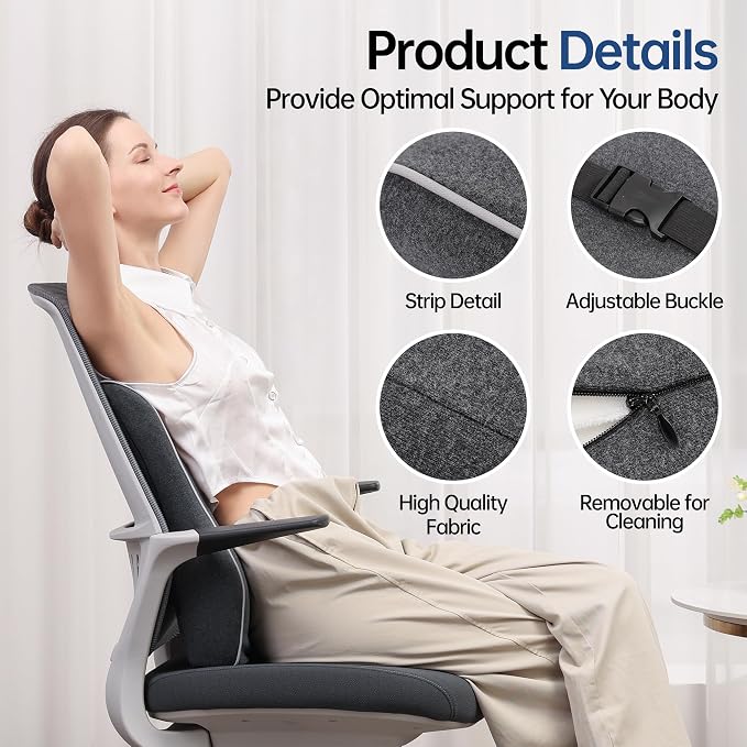 Soft Comfortable Memory Lumbar Support Pillow Back Cushion for Offic | Built-In Adjustable Straps Secure Reduce Back Soreness Pressure Distribution Breathable Premium Fabric Long-lasting Support - Image 6