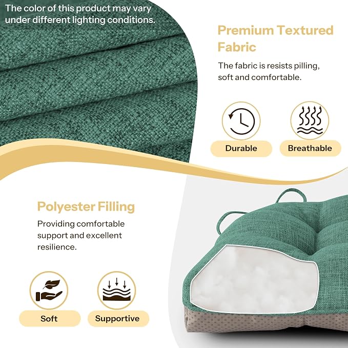 Chair Cushions for Dining Chairs Set of 4, 18"x18"x3", Green | Non-Slip with Ties, Tufted, Faux Linen, Seat Cushions for Dining Room Kitchen Breakfast Nook Indoor Home Office Living Room - Image 4
