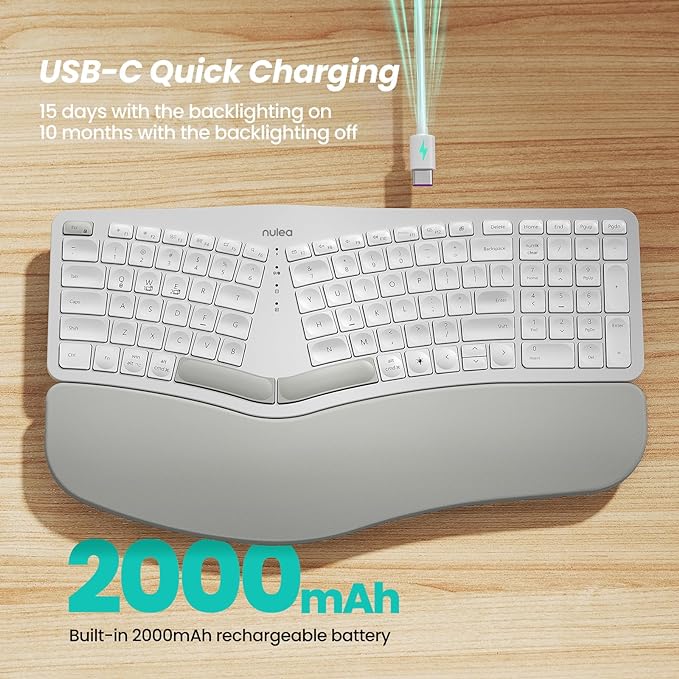 Nulea RT05 Wireless Ergonomic Keyboard, Split Keyboard with Wrist Rest, USB-C Charging, 7-Color Backlight, Natural Typing, Bluetooth and USB Connectivity, Compatible with Windows,Mac - Image 5
