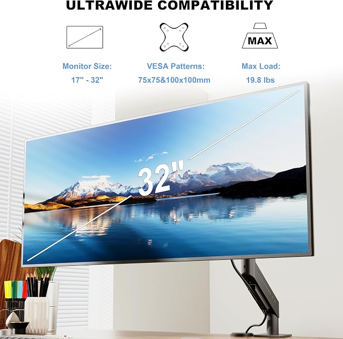 THEARK Single Monitor Desk Mount 17"-32" Screens - Adjustable Mechanical Monitor Arm Computer Monitor Stand up to 19.8 lbs,VESA Arm Desk Mount with C-Clamp and Grommet Base,VESA 75x75/100x100mm,Black - Image 2