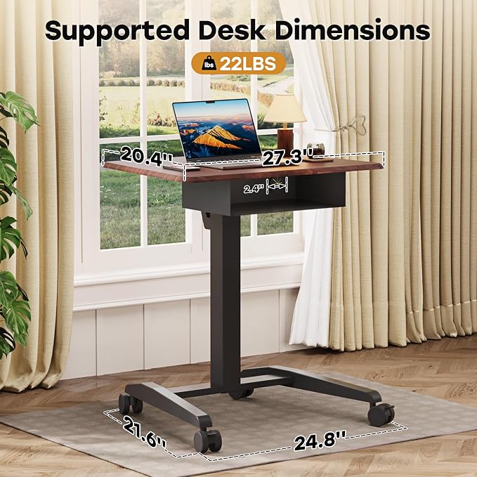 JOY worker 28" Pneumatic Mobile Laptop Desk with Storage Shelf, Dark Walnut | Rolling Standing Desk Height Adjustable with Storage Drawer, 4 Casters, Portable Workstation, Home Office School, Holds 22lbs - Image 3