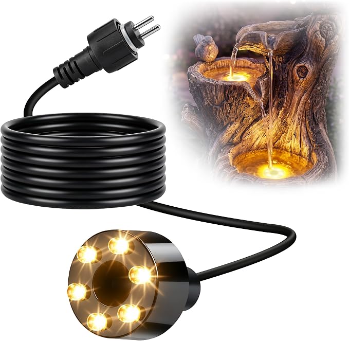 12V Submersible LED Fountain Light Ring, Warm White, 1 Pack | 6 LED Underwater Fountain Lights, 1/2" Water Hose Adapter, 59in Cable for Fountain, Waterfall & Water Features, w/o AC Plug by CEOIGHE