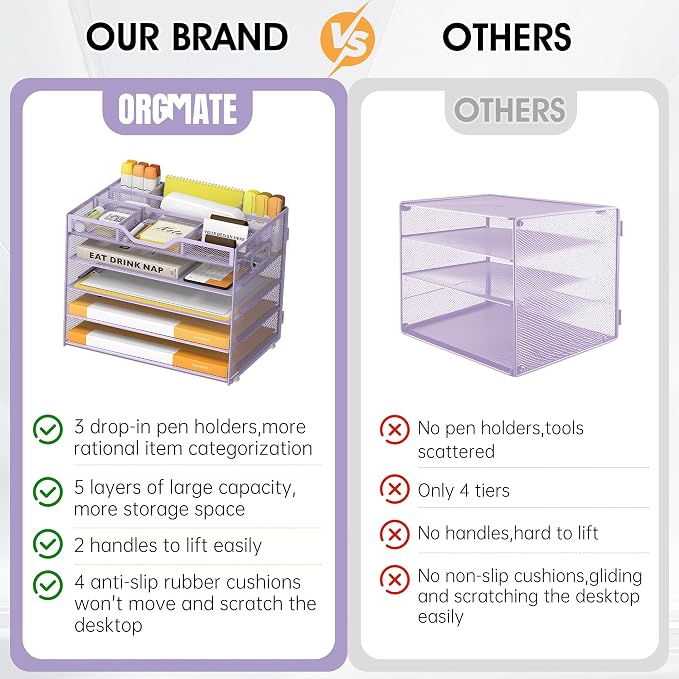 5 Tier Paper Letter Tray Desk Organizer with Pen Holders - Purple | Features 3 pen holders and 4 removable dividers.Versatile mesh desktop storage for mail, document,office supplie - Image 3