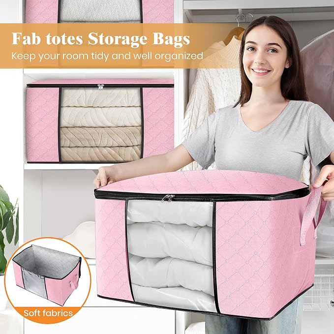 Fab totes 4 Pack Storage Bags for Clothes Blanket Storage Bins with Lids | Foldable Closet Organizers with Zippers,Window and Handles,Fabric Storage Bins for Sweater,Comforter,Bedding,Dorm essentials - Image 5
