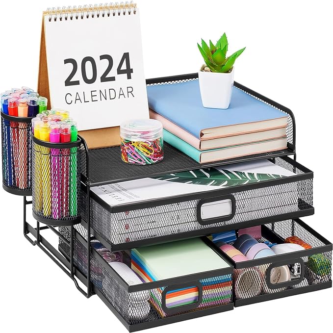 Marbrasse 3 Tier Mesh Desk Organizer with Drawer, Multi-Functional Desk Organizers and Accessories, Paper Letter Organizer with 2 Pen Holder for Home Office Supplies (Black) by Marbrasse
