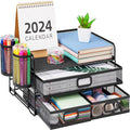 Marbrasse 3 Tier Mesh Desk Organizer with Drawer, Multi-Functional Desk Organizers and Accessories, Paper Letter Organizer with 2 Pen Holder for Home Office Supplies (Black) by Marbrasse