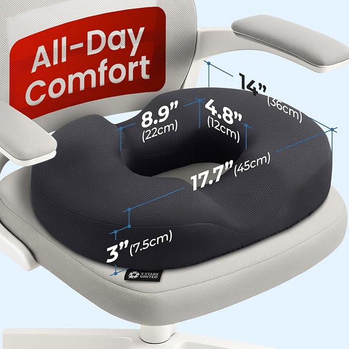 5 STARS UNITED Donut Pillow for Tailbone Pain & Hemorrhoids – Large Memory Foam Seat Cushion for Bed Sore-Prone Areas & Pressure Relief – Prostate, Postpartum & Pregnancy Support, Black Mesh Cover - Image 2