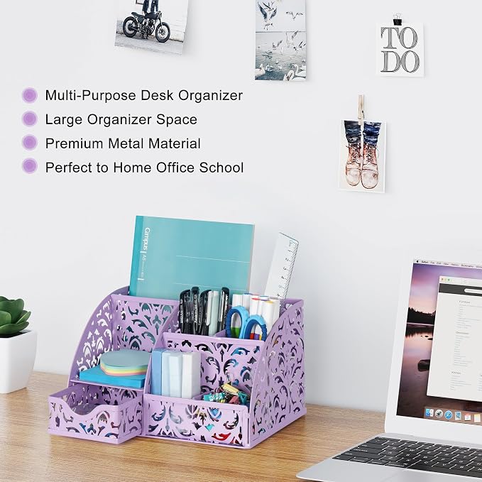 EasyPAG Pen Holder Desk Organizer with Drawer Pencil Cup for Desk 6 Compartments Metal Office Caddy Storage with Sticky Notes Holder for School Home Office, Purple - Image 2