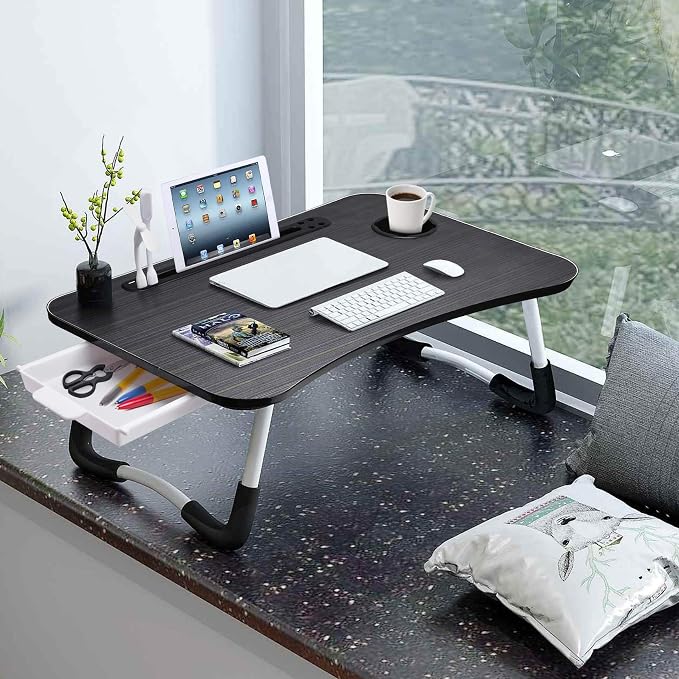 Slendor Bed Desk for Laptop and Writing with Storage, Cup Holder, Light | Fan, Pen Holder,Tablet Holder,Foldable, for Bed, Couch, Floor, Portable,Black - Image 2