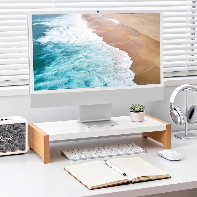 Monitor Stand Riser | White Metal & Wood Computer Monitor Stand Riser for Desk, Max Load Capacity 40LB by ARCOBIS