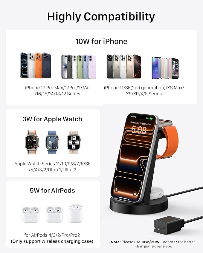 Anlmz 3 in 1 Charging Station for iPhone, Wireless Charger for iPhone 17 16e 16 15 14 13 12 11 X Pro Max & Apple Watch - Wireless Charging Station for AirPods 4 3 Pro - Image 4