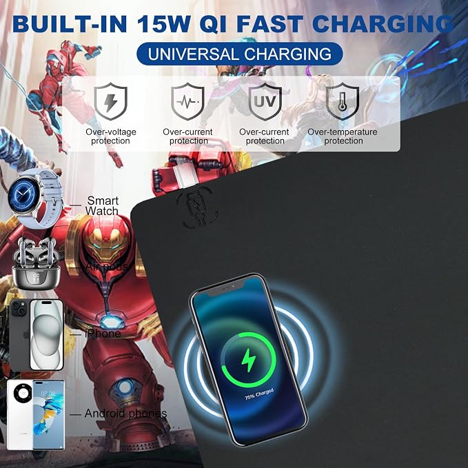 Desk Mat with Wireless Charging, Black Mouse Pad with Wireless Charger, Desk Pad Matt for Desktop, Mousepad Gaming Large Mouse Pad, Leather Compute for Keyboard and Mouse, 32" x 16" - Image 2