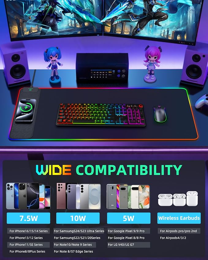 15W Wireless Charging RGB Mouse Pad, 31.5"x15.7", XXL Gaming Desk Mat | 15 Lighting Modes, Large Ultra-Smooth Surface, Non-Slip Rubber Base, Waterproof Computer Keyboard Pad for Desk, Office, Black - Image 7
