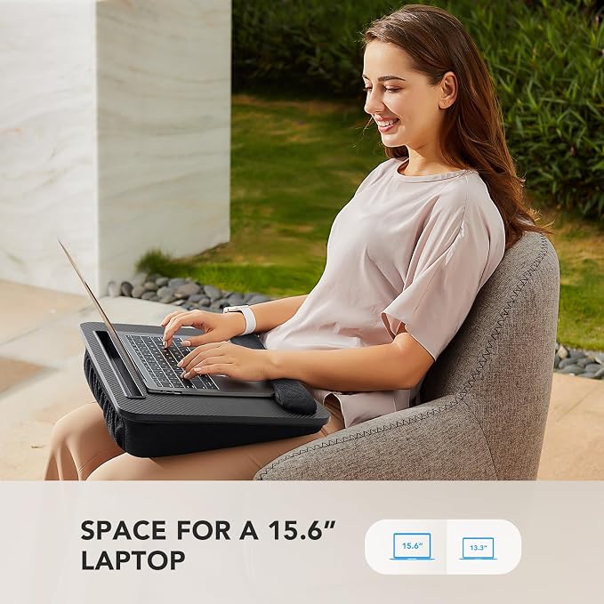 HUANUO Laptop Lap Desk - Portable Lap Desk with Pillow Cushion, Fits up to 15.6 inch Laptop, with Anti-Slip Strip & Storage Function for Home Office Students Use as Computer Laptop Stand- Black - Image 2