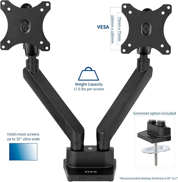 VIVO Premium Aluminum Full Motion Dual Monitor Desk Mount Stand with Lift Engine Arm, Fits Ultrawide Screens up to 35 inches, STAND-V102BB - Image 2