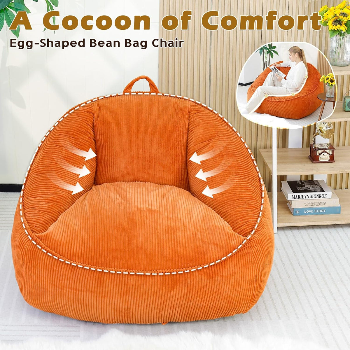 Bean Bag Chair, Cozy Fluffy Beanbag Chairs with Filler for Teens and Kids, Floor Lazy Sofa for Living Room Gaming & Reading (S-Burnt Orange) - Image 9