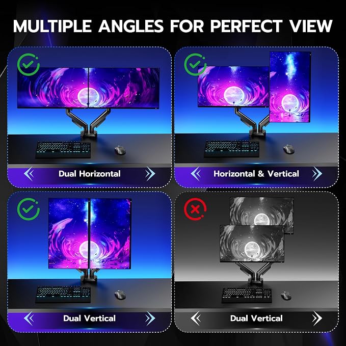 ARES WING Dual Monitor Arm for 17-35 Inch Flat Curved Screens, Black | Fully Adjustable Monitor Mount for Ultrawide Screens up to 26.5lbs, C-Clamp & Grommet Base, 75/100 Vesa Mount - Image 5