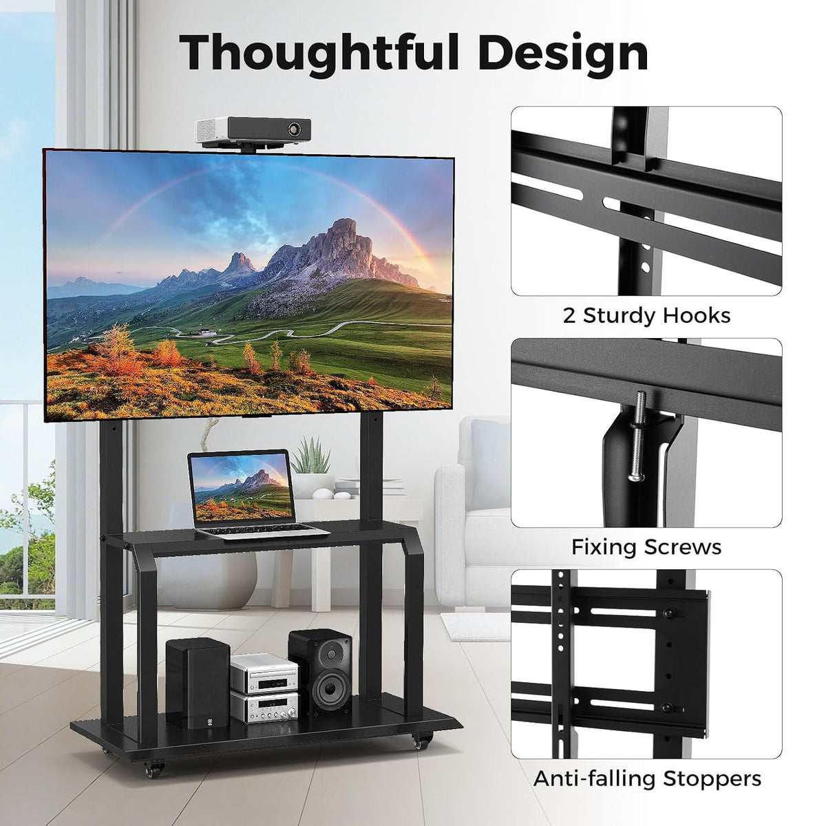 Goplus Mobile TV Stand, Rolling TV Cart with Camera Shelf & AV Shelves, Adjustable Media Console Cart for 32”-80” Flat/Curved TVs up to 132 lbs, Max VESA 900 X 600 mm, TV Mounting Screws Included - Image 6