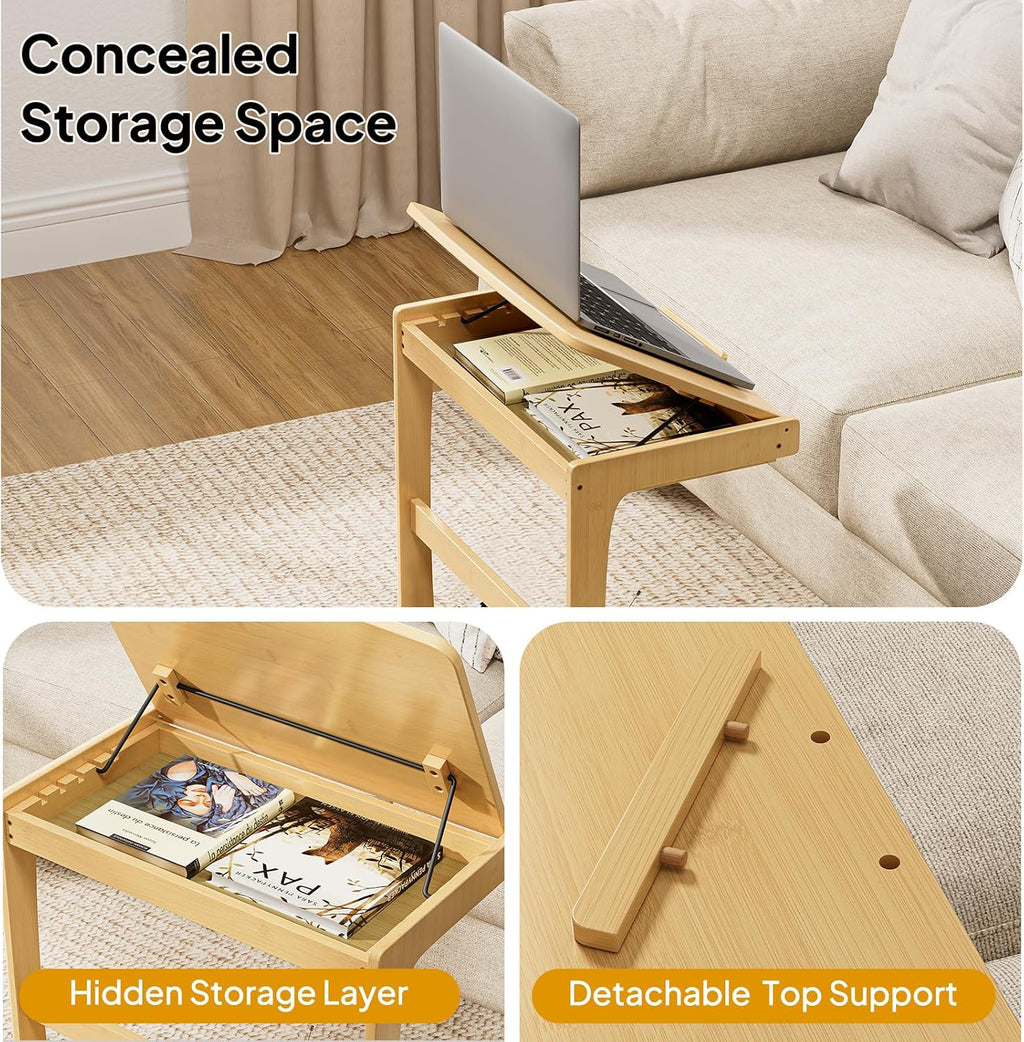 C Shaped Side Table, Rolling Bamboo End Table with Adjustable Tilt Top & Storage Shelf, Small Couch Table with Wheels for Living Room, Bedroom, Natural - Image 7