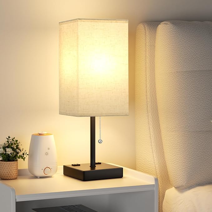aooshine 17.4" Beige Bedside Table Lamp for Bedroom - USB C+A, 2 AC Outlets | Pull Chain Lamp, 3 Color Modes(3000K/4000K/5000K), E26 LED Bulb Included, Square Beige Fabric Lampshade, for Read, Work, Dorm by Aooshine