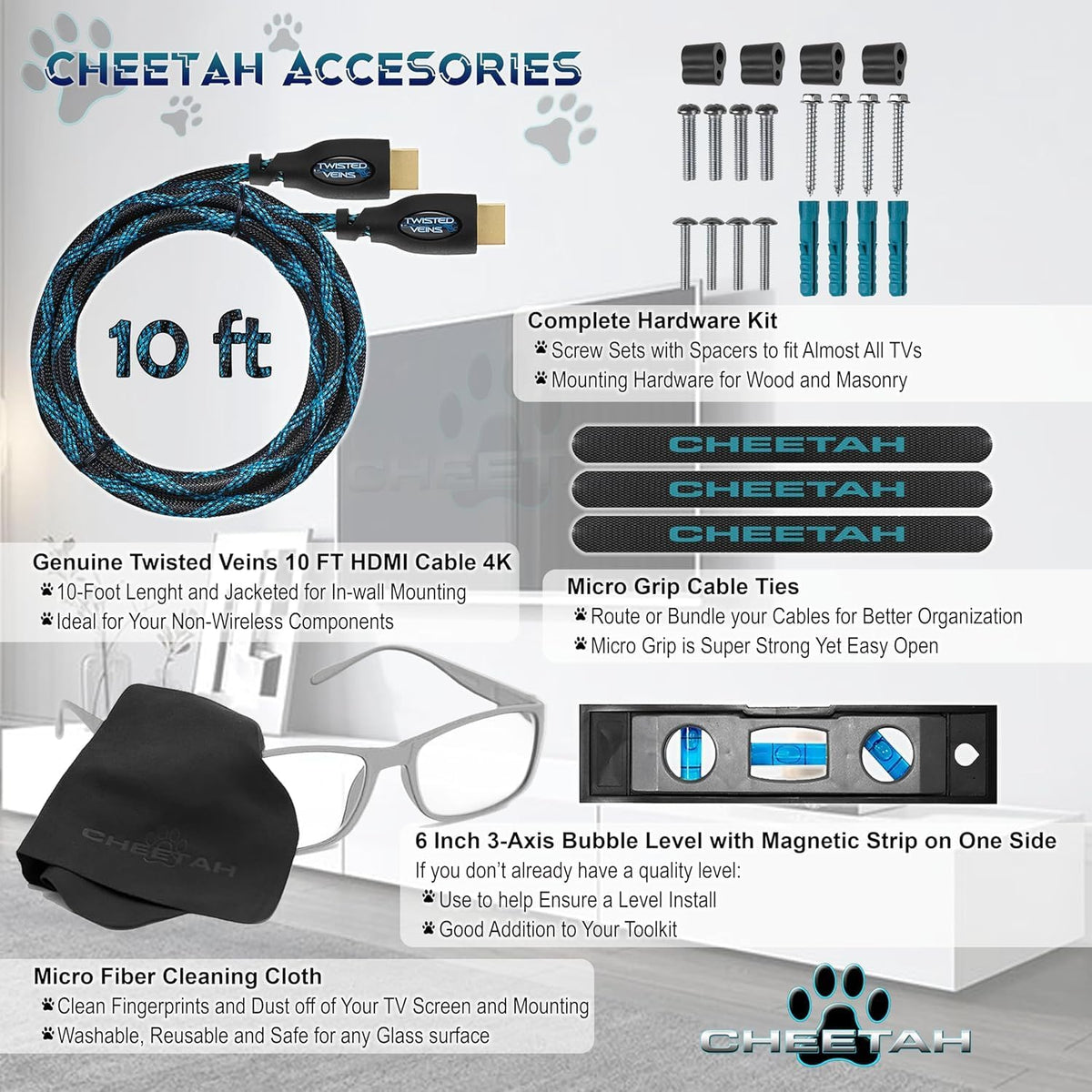 Cheetah Articulating Dual Arms TV Wall Mount for 32-65 Inch TVs, 115lbs VESA 400x400mm, 16" Studs, New TVs up to 83", Low Profile & Extends 14", Full Motion Tilt Swivel Bracket & 10 ft HDMI Cable - Image 2