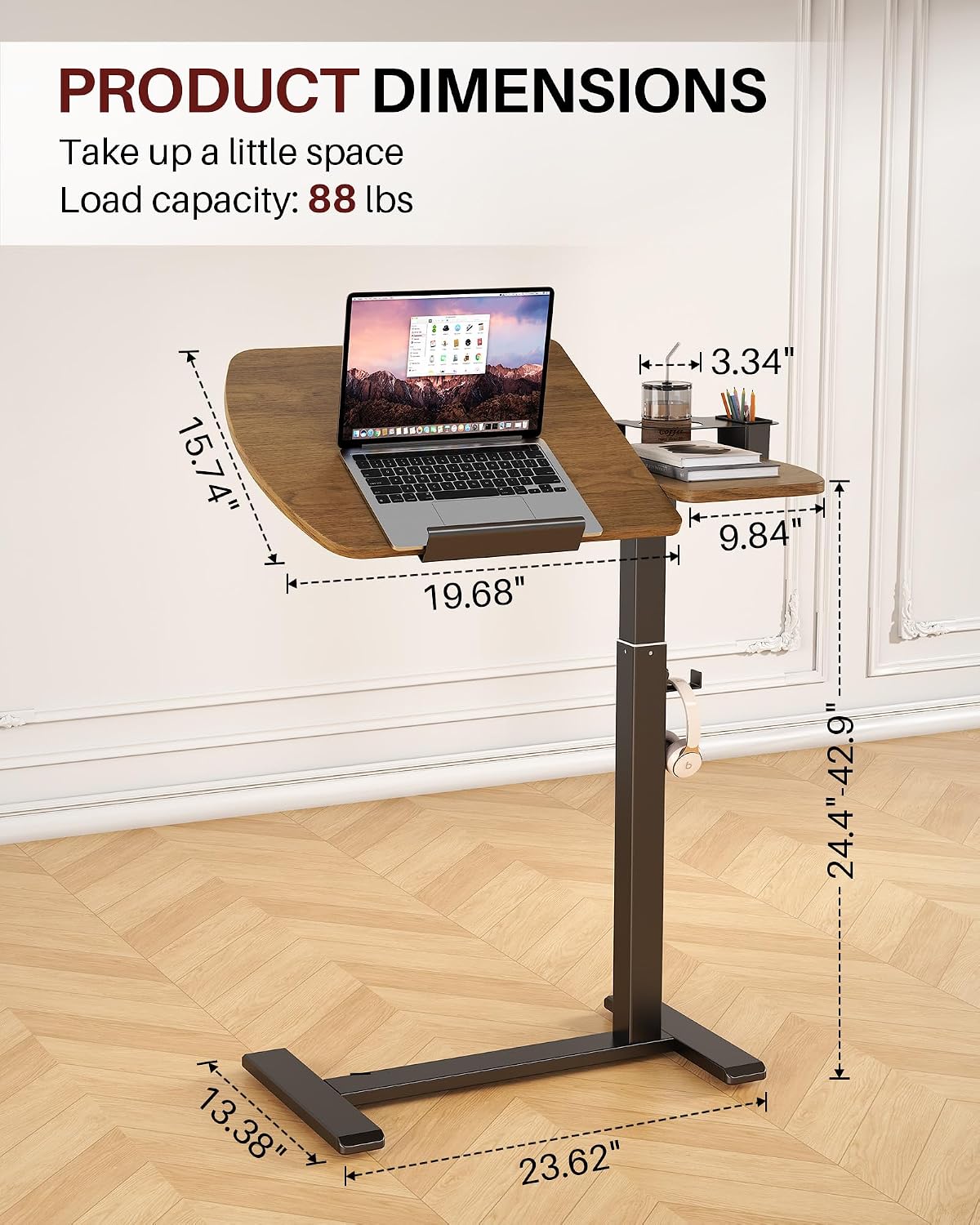 Overbed Table with Wheels, Pneumatic Lift and Tilting Top (Walnut) - Image 4