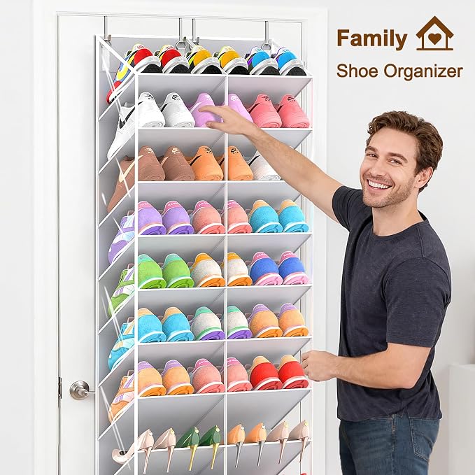 UVIAHOMI 20-30 Pairs Over the Door Shoe Organizer, Clear Pockets Hanging Shoe Storage for Closet, 10-Tier Door Shoes Rack, Handing Shoes Holder Fit All the Family's Sneakers, Boots, Heels, Light Grey - Image 4