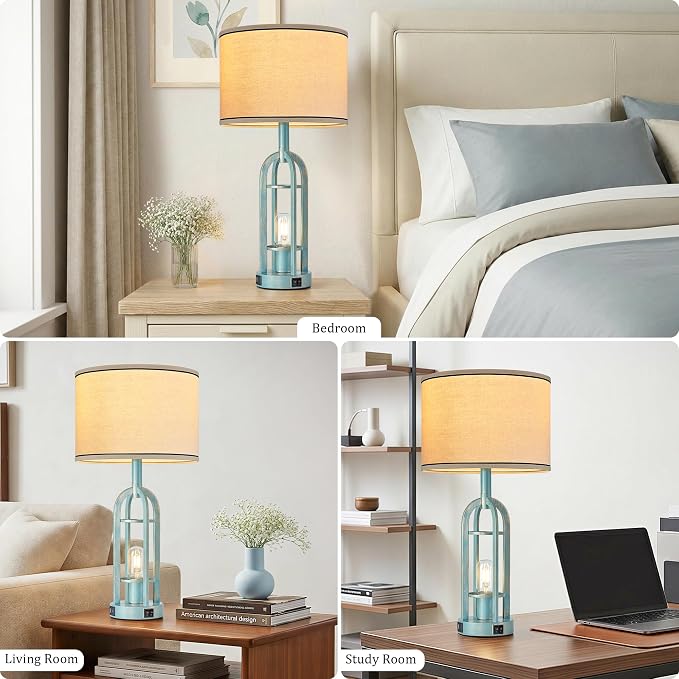 SRJJA Table Lamps for Living Room Set of 2 - Modern Farmhouse Lamps for Night Stands with Night Light & USB A+C, 24" Vintage Bedside Lamp for Bedroom, Bulbs Included - Image 4