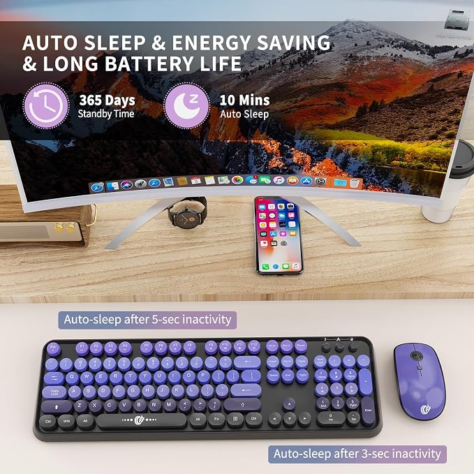 Wireless Keyboard and Mouse Combo | Cute Colorful Keyboard and Mouse with 2.4GHz Cordless Retro Typewriter Keyboard | Auto-Sleep | USB Receiver for Windows PC/Laptop - Black Purple Gradient - Image 5