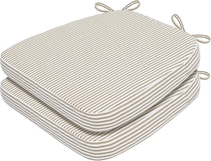 AAAAAcessories D-Shaped Chair Cushions, 2" Thick Dining Chair Pads with Ties and Removable, Machine-Washable Cover, 17" x 16", Set of 2, Natural Sand Pinstripe by AAAAAcessories