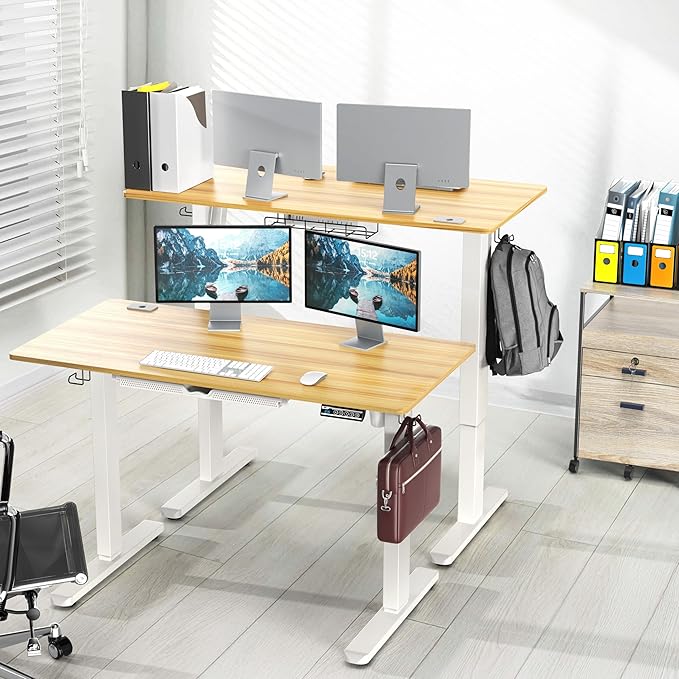 SHW 48-Inch Electric Height Adjustable Standing Desk w/Drawer, Oak | w/ Memory Presets and Cable Management | Drawer with adjustable compartments | Hanging Hooks - Image 2