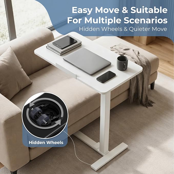 DUMOS Adjustable Rolling Desk, Standing Desks, Overbed Table | Mobile Hidden Wheels, Portable Laptop Computer Workstation, Bed Sofa Couch Use, Milk - Image 5