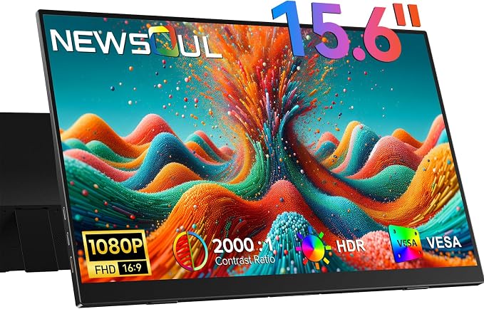 Newsoul Portable Monitor 15.6'' Ultra-Slim Travel Monitor 108%sRGB | 2000:1 Contrast USB C Mini HDMI Plug & Play IPS Monitor Built-in Stand | Speakers External Screen for Laptop Phone Game Console PC by NEWSOUL