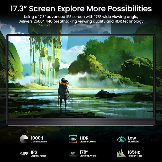 VILVA 17.3" QHD 165Hz USB-C HDMI Gaming Monitor | 17.3" QHD 165Hz IPS, slim metal+stand, USB-C/HDMI, for PC/PS5/Xbox/Switch, gaming. - Image 2
