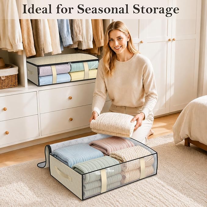 StorageRight Under Bed Storage Bags, 2 Pack, 40L, Beige | Breathable Non-Woven Fabric with a Clear Window and Zippered Top for Clothes, Comforters, Blankets and Seasonal Storage - Image 8
