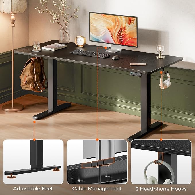 Huuger 63 x 28 Large Electric Standing Desk, Height Adjustable Computer Desk, 27.6" Deep Desktop, Stand up Gaming Office Table with 2 Hooks, 3 Preset Heights, for Home Office, Black - Image 7