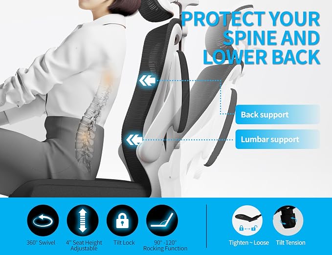 Ergonomic Office Chair: Mesh Desk Chair Comfy with Headrest& Lumbar Support | Ergalithic Big and Tall Office Chairs with Wheels & Flip-Up Arms-Computer Gaming Chairs for Adults Home Office (White Black) - Image 7