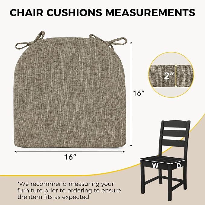 downluxe Indoor Chair Cushions for Dining Chairs, Soft and Comfortable Textured Foam Kitchen Chair Pads with Ties and Non-Slip Backing, 16" x 16" x 2", Khaki, 4 Pack - Image 2