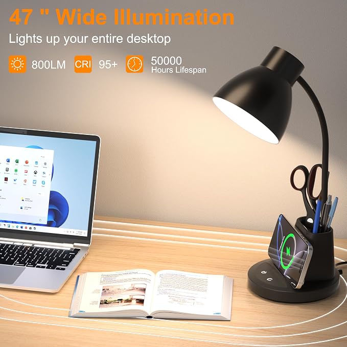 10W Wireless Charging LED Desk Lamp with Pen Holder, CRI 95, Black | 800LM, 3 Modes, 360°Flexible Arm, Touch, Brightness, Table Lamp for Home Office, Dorm, Bedside, Study, Reading, with Adapter - Image 5
